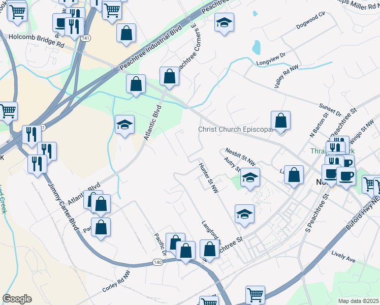 map of restaurants, bars, coffee shops, grocery stores, and more near 2810 Olde Town Park Drive in Norcross