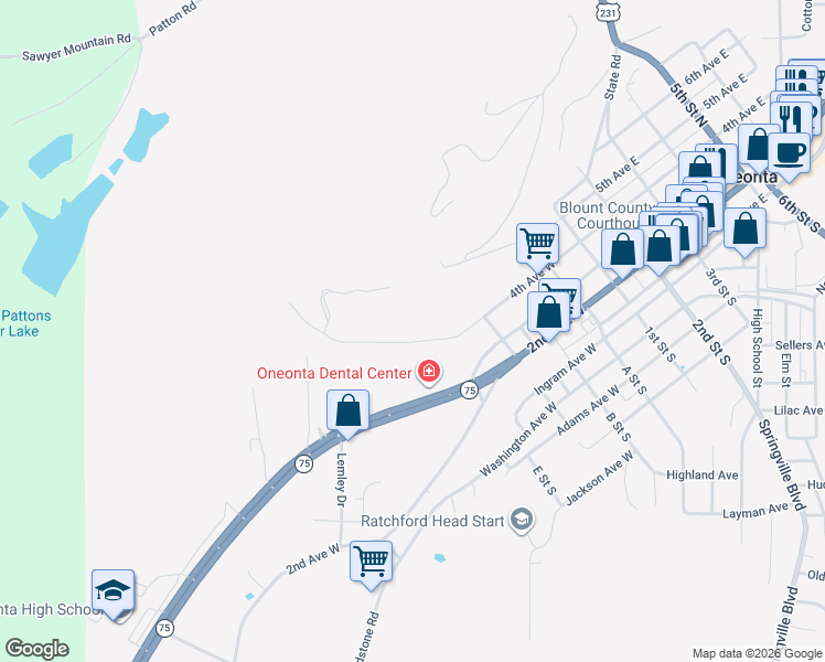 map of restaurants, bars, coffee shops, grocery stores, and more near 504 4th Avenue West in Oneonta