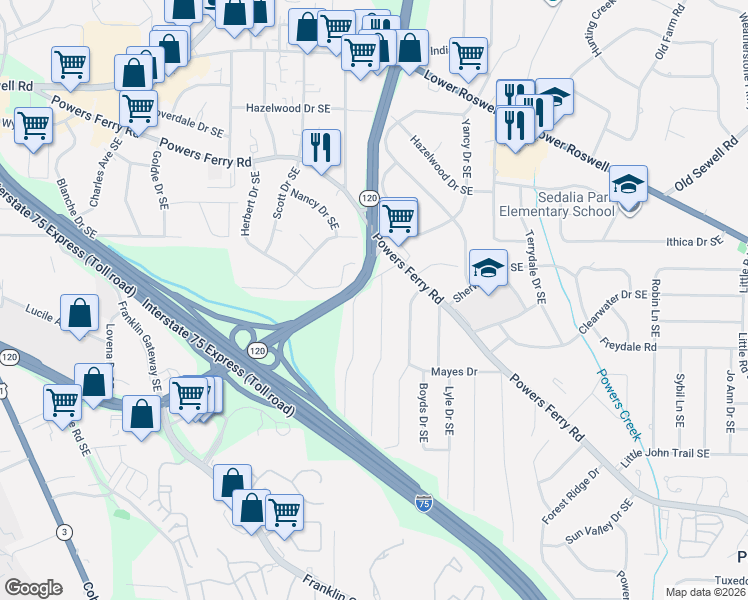 map of restaurants, bars, coffee shops, grocery stores, and more near 359 Virginia Place Southeast in Marietta