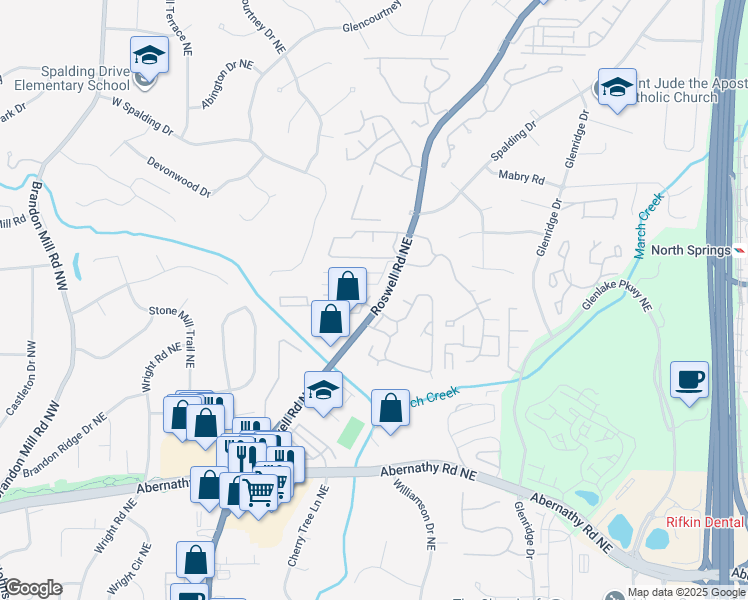 map of restaurants, bars, coffee shops, grocery stores, and more near 6940 Roswell Road in Sandy Springs