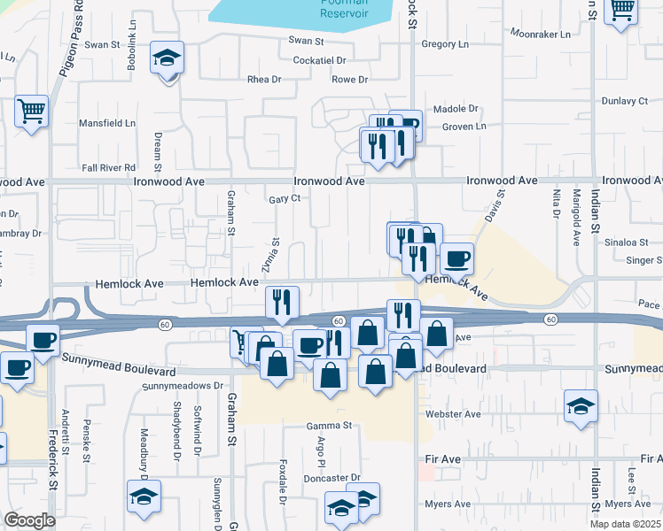map of restaurants, bars, coffee shops, grocery stores, and more near 23778 Hemlock Avenue in Moreno Valley