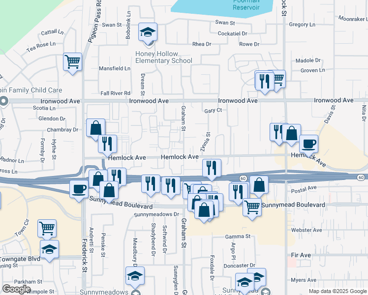 map of restaurants, bars, coffee shops, grocery stores, and more near 23535 Ben Mar Street in Moreno Valley