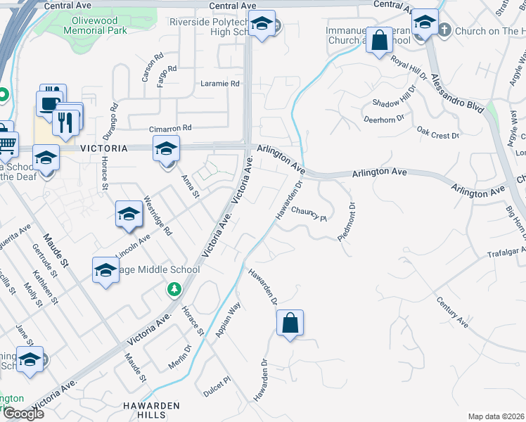 map of restaurants, bars, coffee shops, grocery stores, and more near 5947 Copperfield Avenue in Riverside