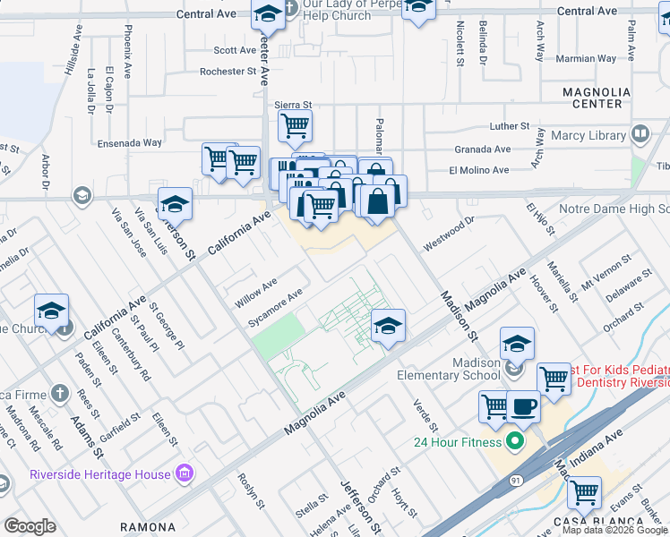 map of restaurants, bars, coffee shops, grocery stores, and more near 4010 Madison Street in Riverside
