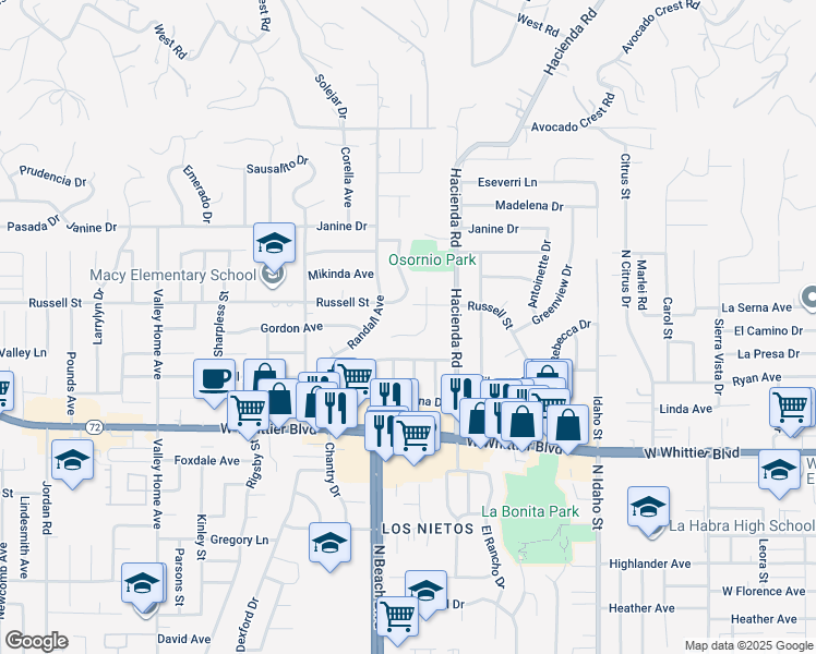 map of restaurants, bars, coffee shops, grocery stores, and more near 1241 Farrington Drive in La Habra