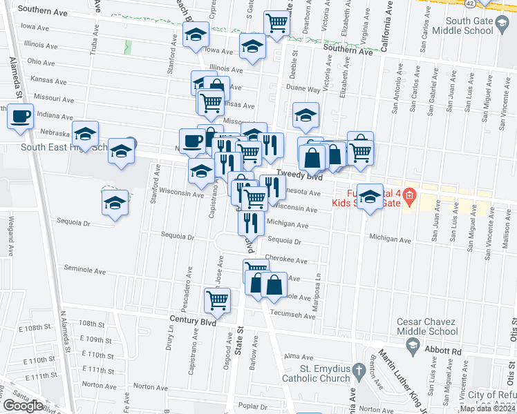 map of restaurants, bars, coffee shops, grocery stores, and more near 10112 Long Beach Boulevard in Lynwood