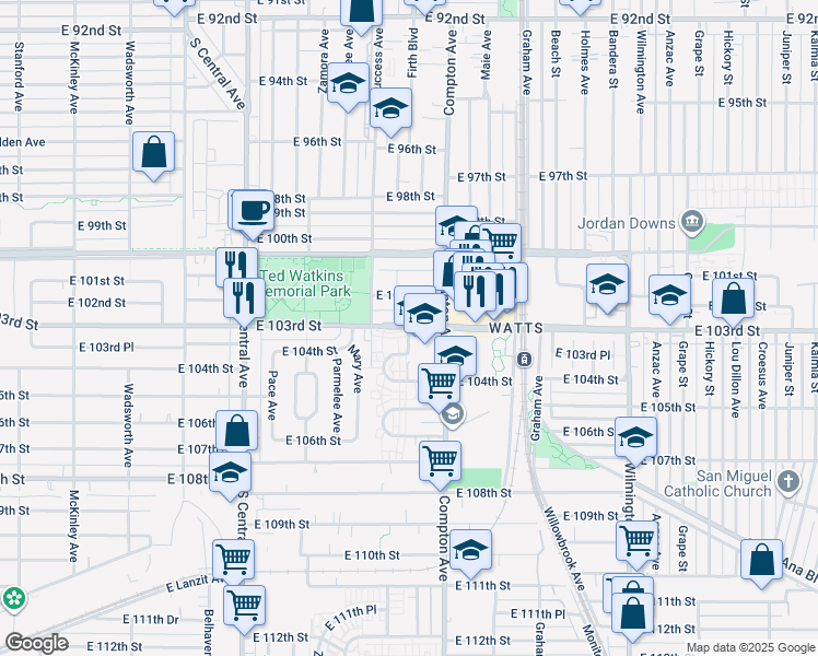 map of restaurants, bars, coffee shops, grocery stores, and more near 1501 East 103rd Street in Los Angeles