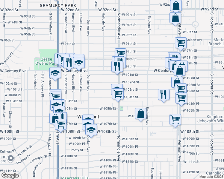 map of restaurants, bars, coffee shops, grocery stores, and more near 1447 West 103rd Street in Los Angeles