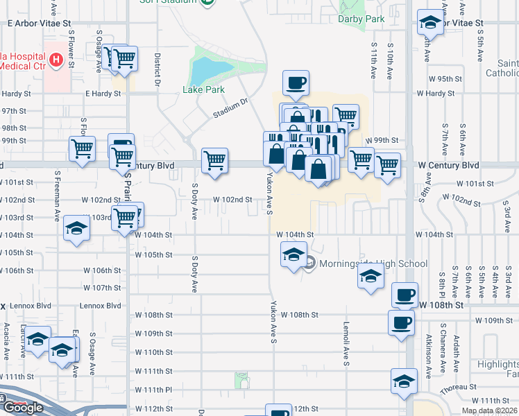 map of restaurants, bars, coffee shops, grocery stores, and more near 3612 West 102nd Street in Inglewood