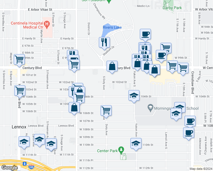 map of restaurants, bars, coffee shops, grocery stores, and more near 10202 Doty Avenue in Inglewood