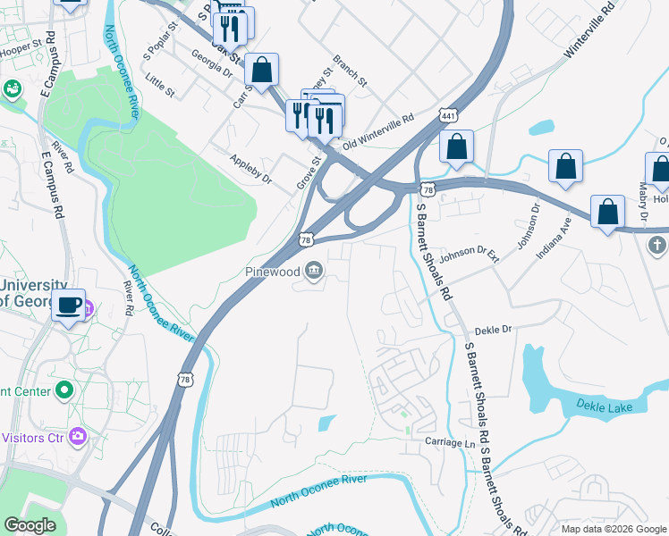 map of restaurants, bars, coffee shops, grocery stores, and more near 286 Bailey Street in Athens