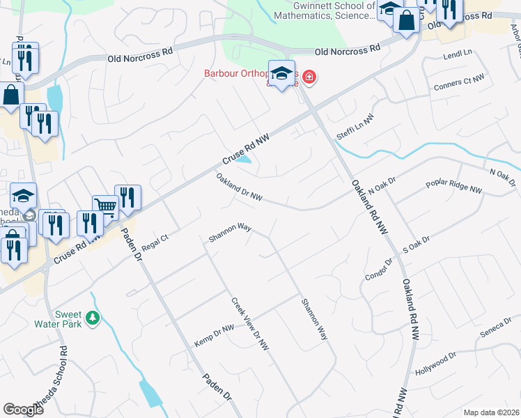 map of restaurants, bars, coffee shops, grocery stores, and more near 751 Oakland Falls Court in Lawrenceville