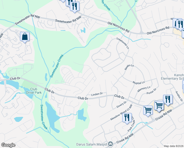 map of restaurants, bars, coffee shops, grocery stores, and more near 1262 Hamlet Court in Lawrenceville