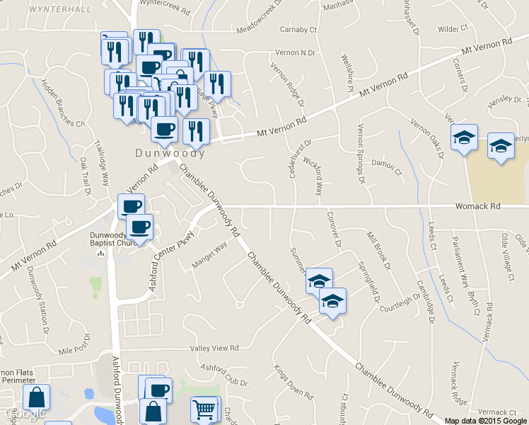 map of restaurants, bars, coffee shops, grocery stores, and more near 1461 Womack Road in Dunwoody