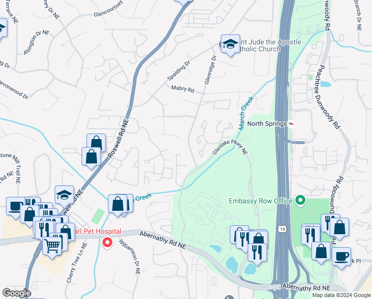 map of restaurants, bars, coffee shops, grocery stores, and more near 6869 Glenlake Parkway Northeast in Sandy Springs