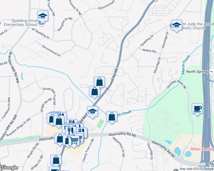 map of restaurants, bars, coffee shops, grocery stores, and more near 6940 Roswell Road in Sandy Springs