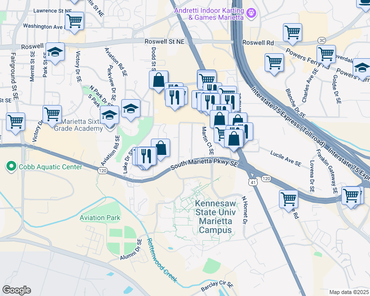 map of restaurants, bars, coffee shops, grocery stores, and more near 356 Bell Street Southeast in Marietta