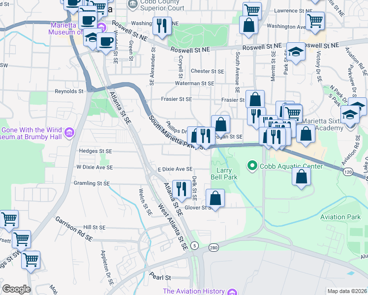 map of restaurants, bars, coffee shops, grocery stores, and more near 389 South Marietta Parkway Southeast in Marietta