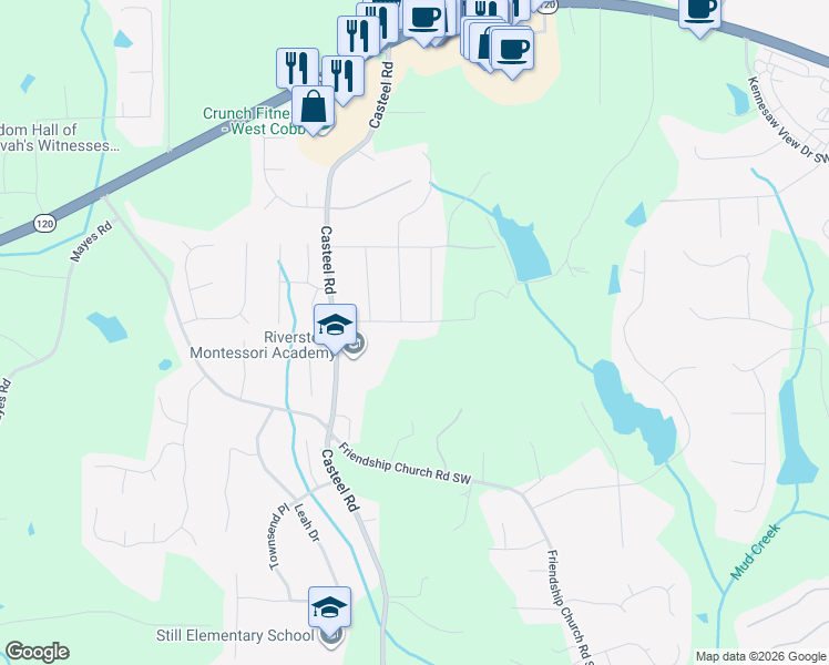 map of restaurants, bars, coffee shops, grocery stores, and more near 3705 Somerset Drive Southwest in Marietta