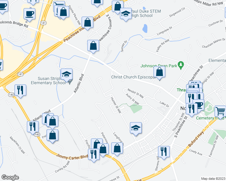 map of restaurants, bars, coffee shops, grocery stores, and more near 2855 Olde Town Park Drive in Norcross