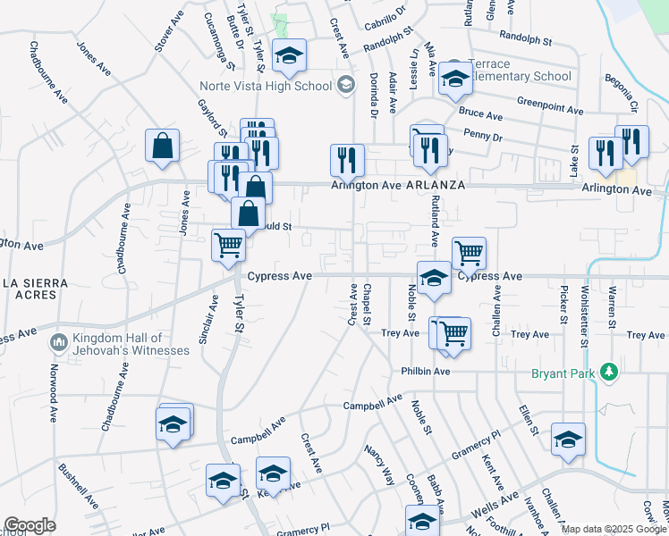 map of restaurants, bars, coffee shops, grocery stores, and more near 10057 Cypress Avenue in Riverside