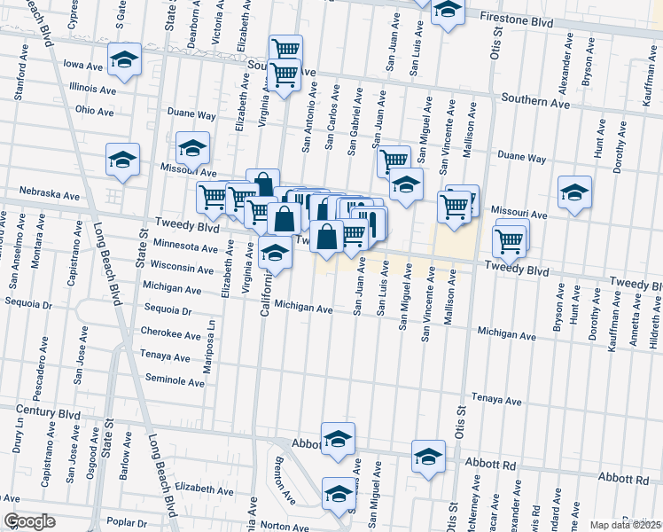 map of restaurants, bars, coffee shops, grocery stores, and more near 3734 Tweedy Boulevard in South Gate