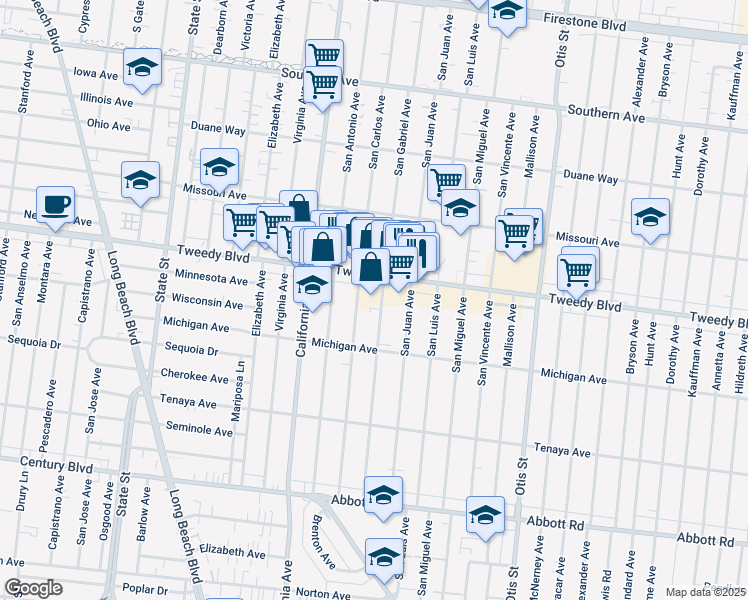 map of restaurants, bars, coffee shops, grocery stores, and more near 3734 Tweedy Boulevard in South Gate
