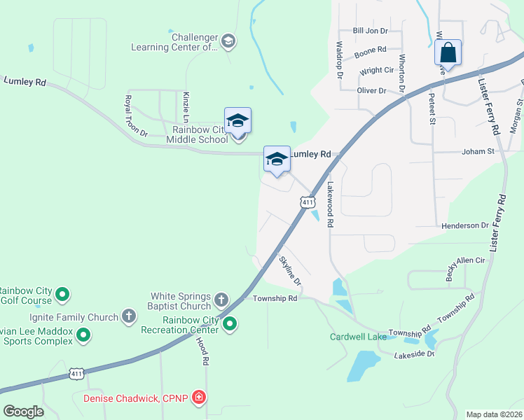map of restaurants, bars, coffee shops, grocery stores, and more near 132 Elam Circle in Rainbow City