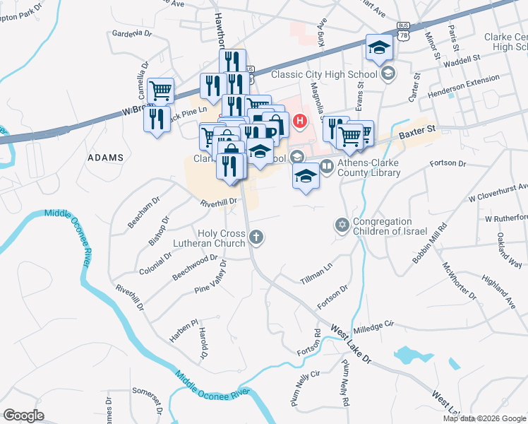 map of restaurants, bars, coffee shops, grocery stores, and more near 104 Alpine Way in Athens
