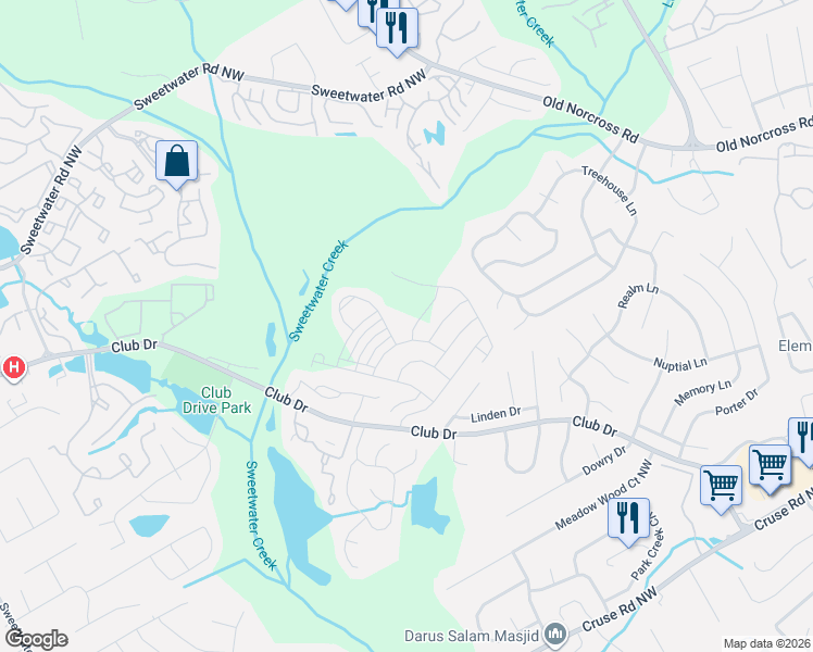 map of restaurants, bars, coffee shops, grocery stores, and more near 3157 Club Drive in Lawrenceville