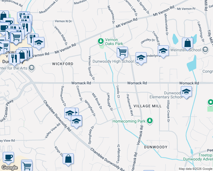 map of restaurants, bars, coffee shops, grocery stores, and more near 1641 Womack Road in Dunwoody