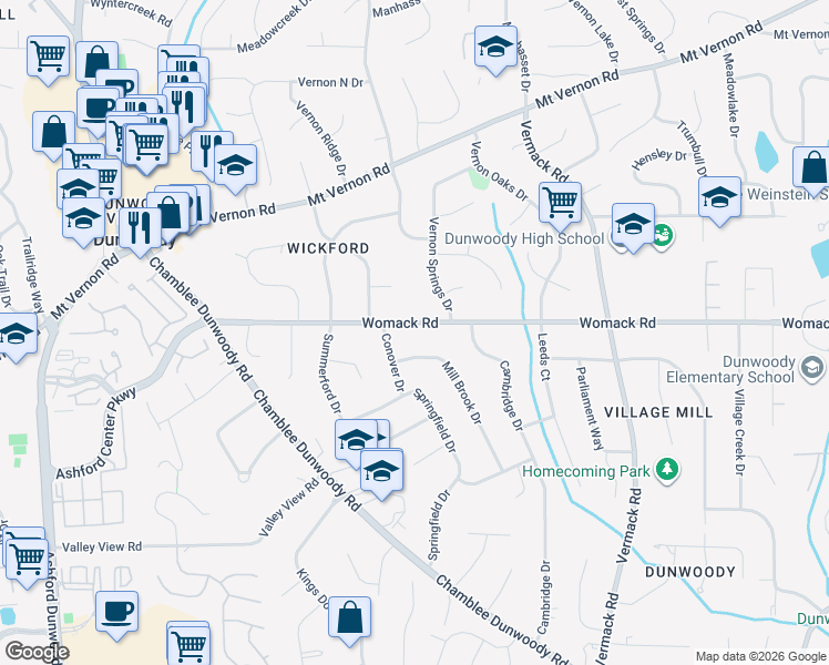map of restaurants, bars, coffee shops, grocery stores, and more near 1567 Womack Road in Dunwoody