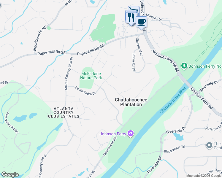 map of restaurants, bars, coffee shops, grocery stores, and more near 4620 Ponte Vedra Drive in Marietta