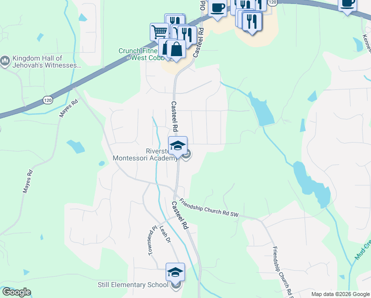 map of restaurants, bars, coffee shops, grocery stores, and more near 3795 Somerset Drive Southwest in Marietta