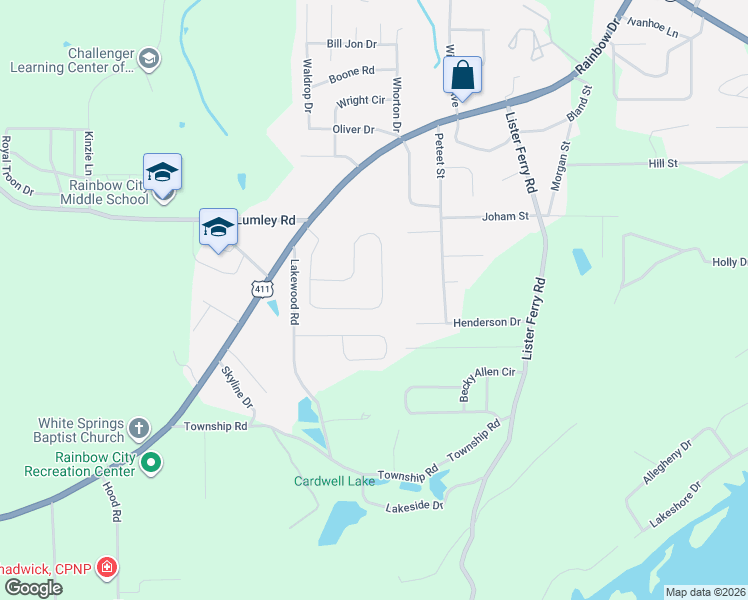 map of restaurants, bars, coffee shops, grocery stores, and more near 128 South Hawk Drive in Rainbow City