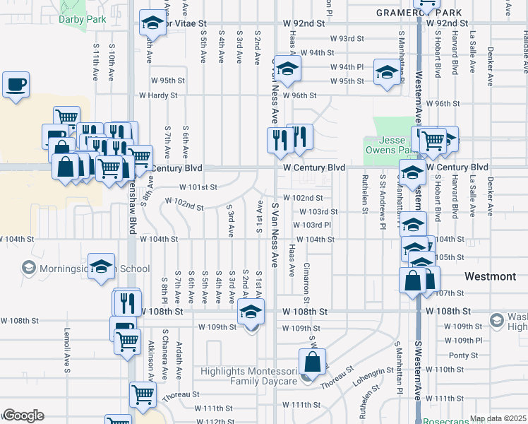 map of restaurants, bars, coffee shops, grocery stores, and more near 10220 South 1st Avenue in Inglewood