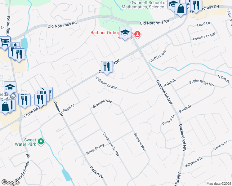 map of restaurants, bars, coffee shops, grocery stores, and more near 751 Oakland Falls Court in Lawrenceville