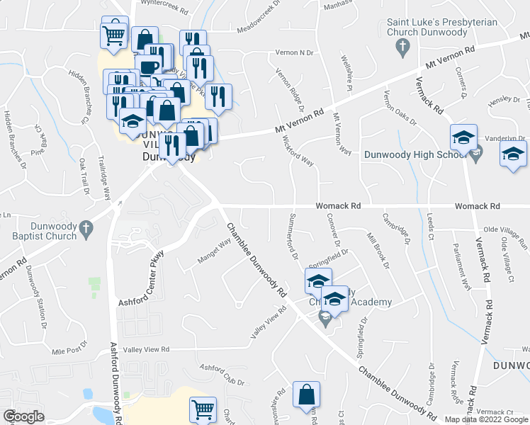 map of restaurants, bars, coffee shops, grocery stores, and more near 1461 Womack Road in Dunwoody