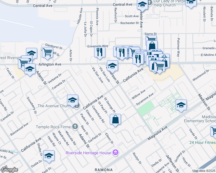 map of restaurants, bars, coffee shops, grocery stores, and more near 4223 Via San Jose in Riverside
