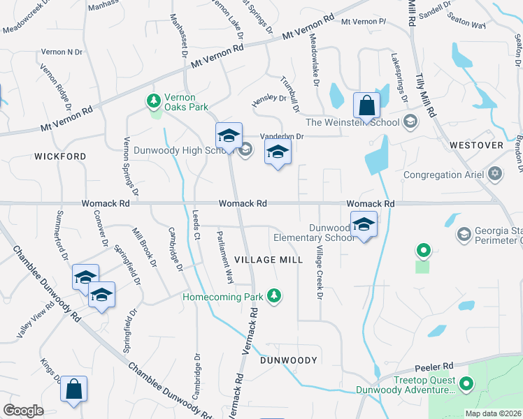 map of restaurants, bars, coffee shops, grocery stores, and more near 1785 Womack Road in Dunwoody