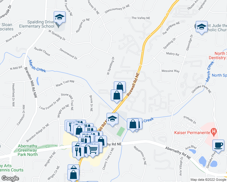 map of restaurants, bars, coffee shops, grocery stores, and more near 6900 Roswell Road in Sandy Springs