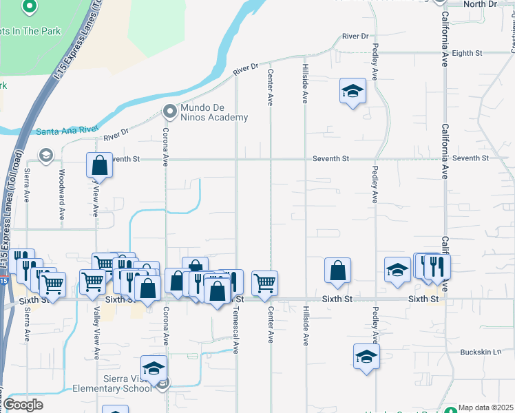 map of restaurants, bars, coffee shops, grocery stores, and more near 4234 Center Avenue in Norco
