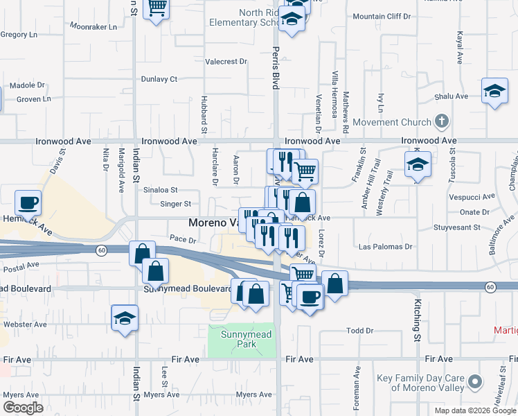 map of restaurants, bars, coffee shops, grocery stores, and more near in Moreno Valley