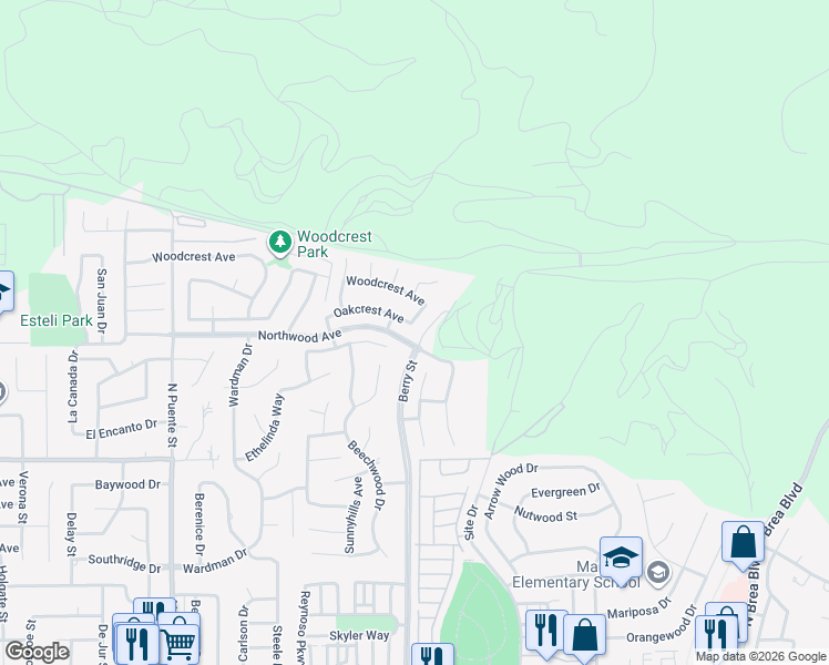 map of restaurants, bars, coffee shops, grocery stores, and more near 702 Oakcrest Avenue in Brea
