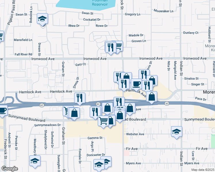 map of restaurants, bars, coffee shops, grocery stores, and more near Hemlock Avenue in Moreno Valley