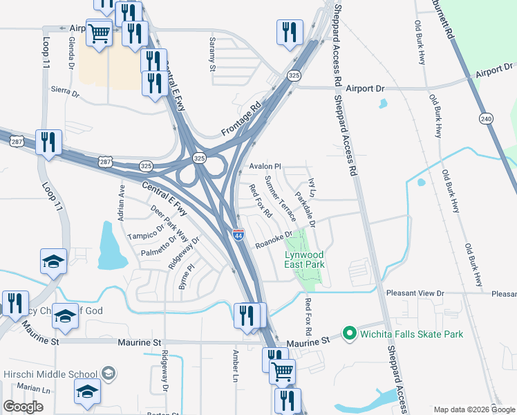 map of restaurants, bars, coffee shops, grocery stores, and more near 1622 Sumner Terrace in Wichita Falls