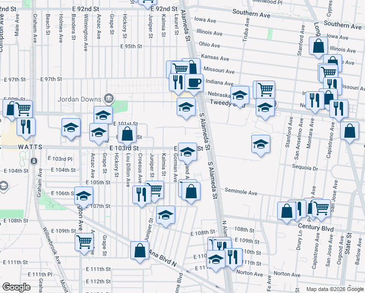 map of restaurants, bars, coffee shops, grocery stores, and more near 2315 East 103rd Street in Los Angeles