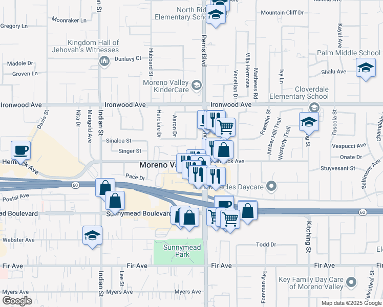 map of restaurants, bars, coffee shops, grocery stores, and more near 12215 Carnation Lane in Moreno Valley