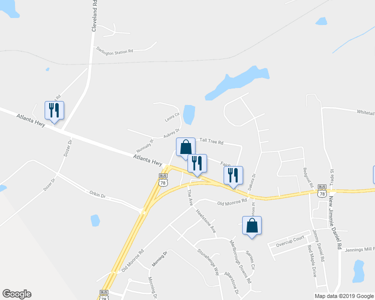 map of restaurants, bars, coffee shops, grocery stores, and more near 110 Tall Tree Road in Bogart