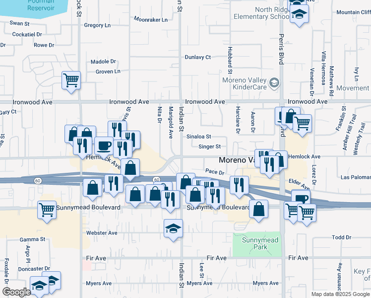 map of restaurants, bars, coffee shops, grocery stores, and more near 12214 Indian Street in Moreno Valley